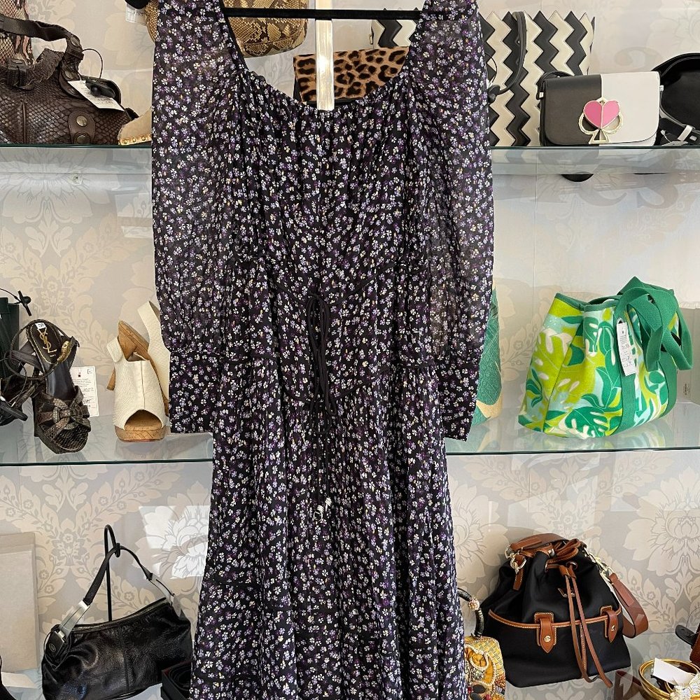 ALTUZARRA Black/Multi Floral Print Silk Long Sleeve A-Line Dress